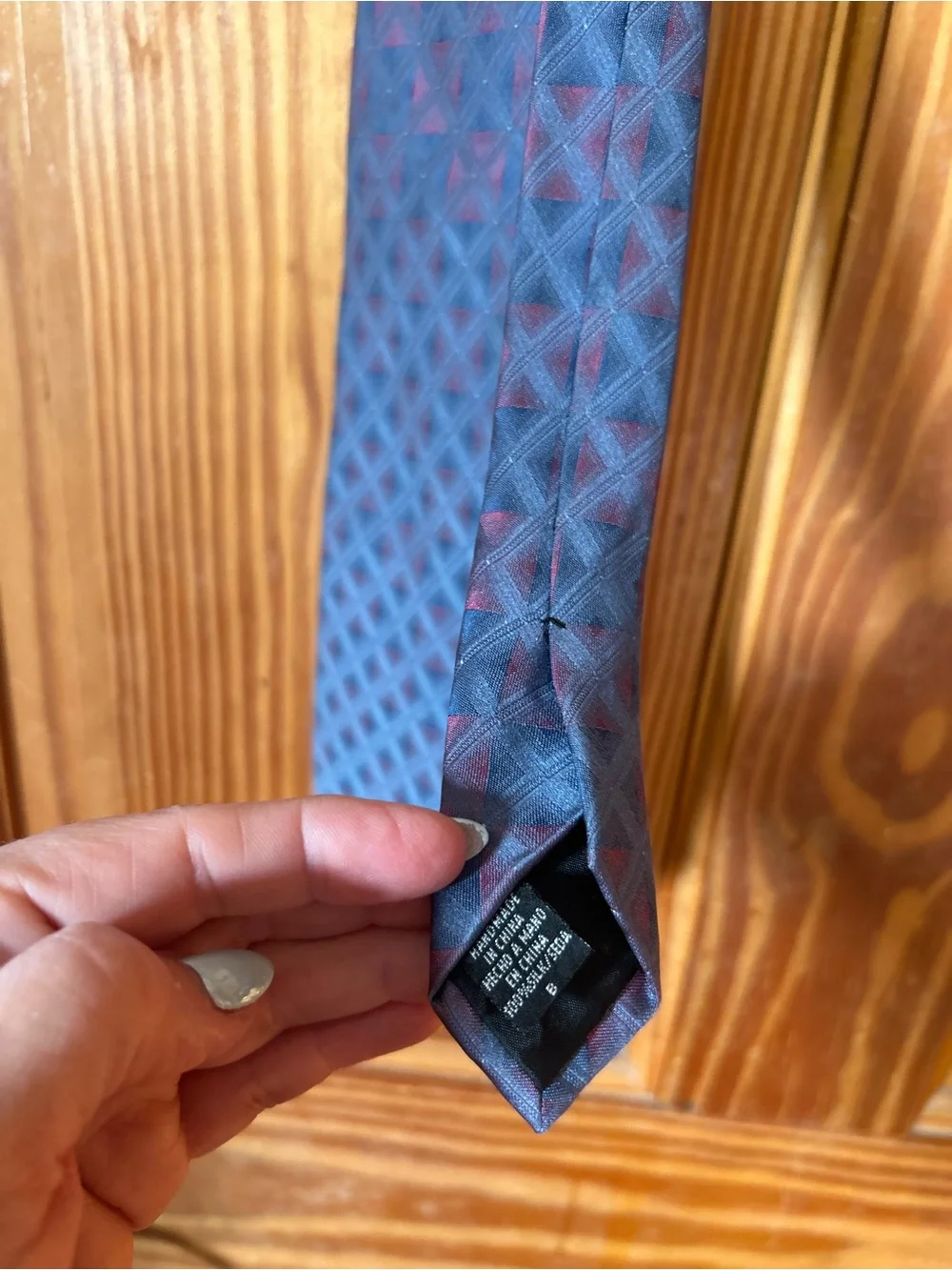 Van Heusen Blue and Burgundy Geometric Silk-Blend Tie